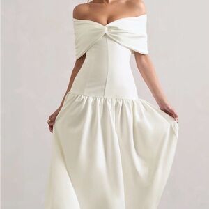 Club L London Marguerite | White Twisted Bardot Drop-Waist Maxi Dress